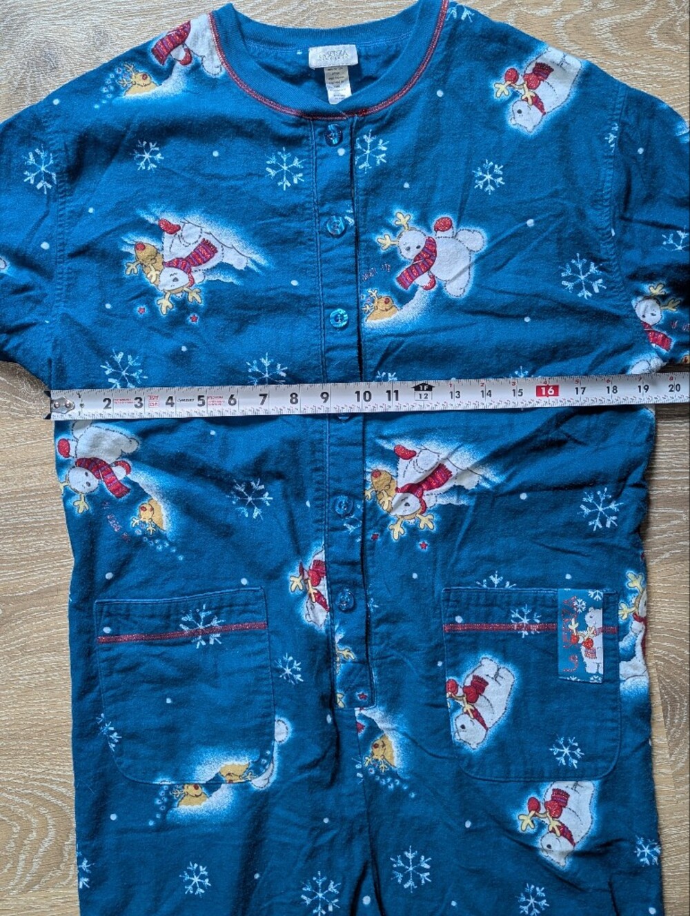 La Senza Vintage Women's Teal Snowman Fleece One-Piece Pajamas Whimsical Holiday - Picture 15 of 16